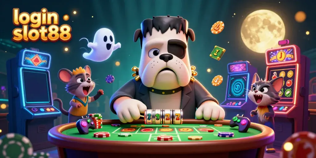 Experience thrilling gameplay with login slot88 as a bulldog dealer and ghostly elements in a vivid casino scene.