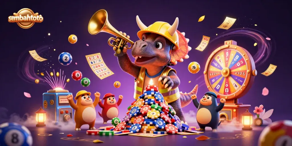 sembahtoto showcases a celebratory scene with animated dinosaurs building poker chip pyramids, ideal for lottery excitement