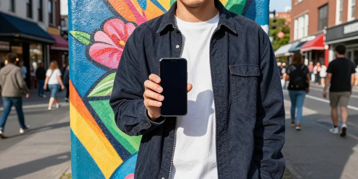 Gaya hidup perkotaan dengan individu memegang smartphone di depan mural, mencerminkan alexistoto dan budaya modern.