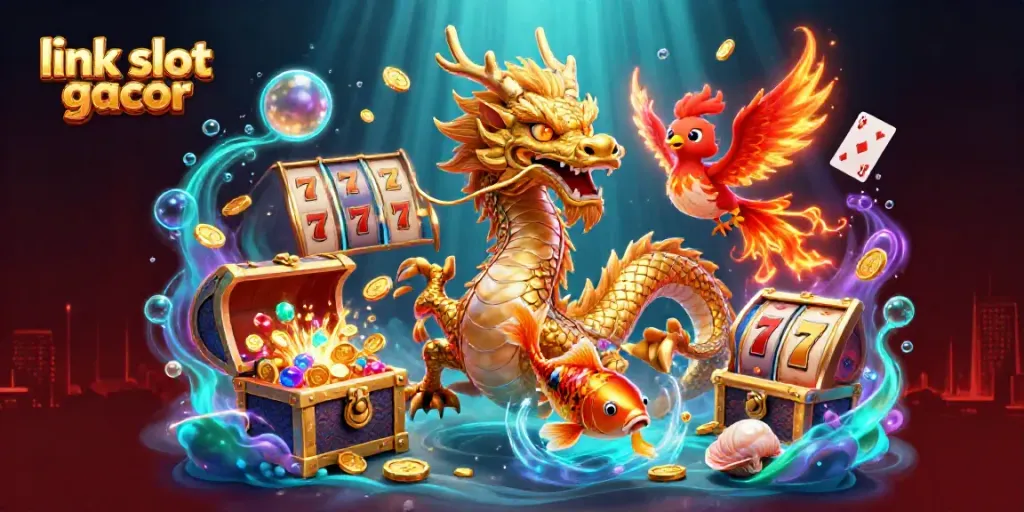 Permainan slot gacor yang menarik dengan naga emas dan ikan koi dalam ilustrasi menakjubkan.