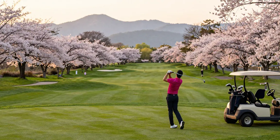 Pemain golf menikmati pengalaman bermain golf di Kato City dengan pemandangan bunga sakura yang memukau, bro178.
