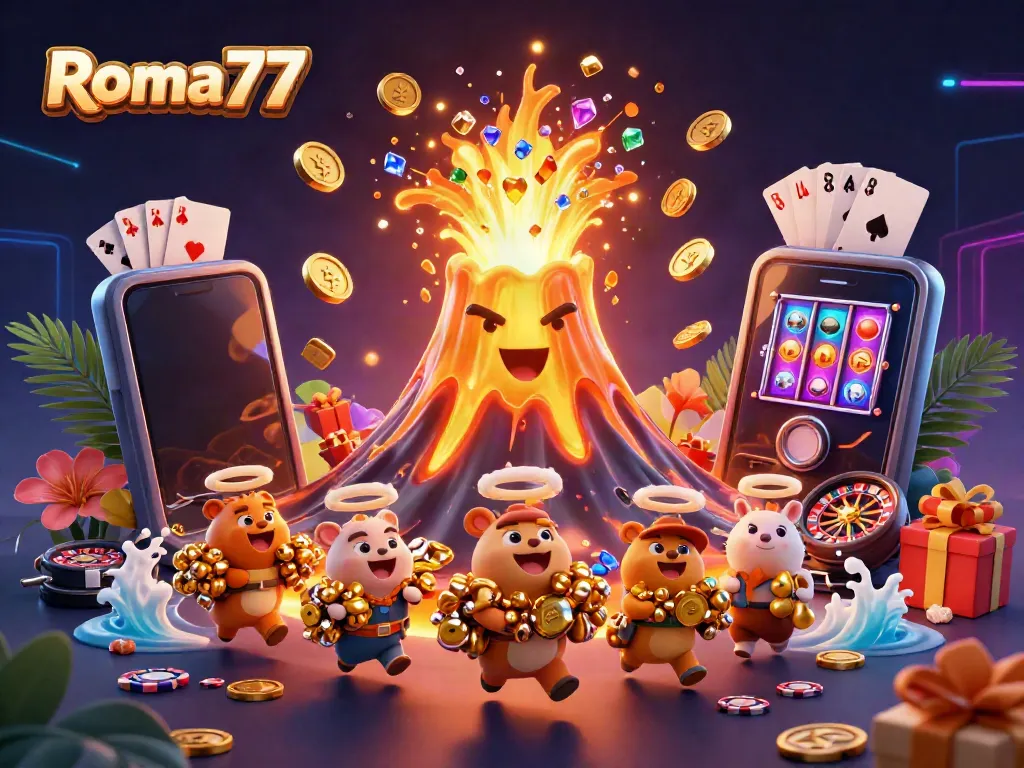 Spin the reels with Roma77 in this vibrant casino-inspired illustration packed with treasures and exciting game elements.