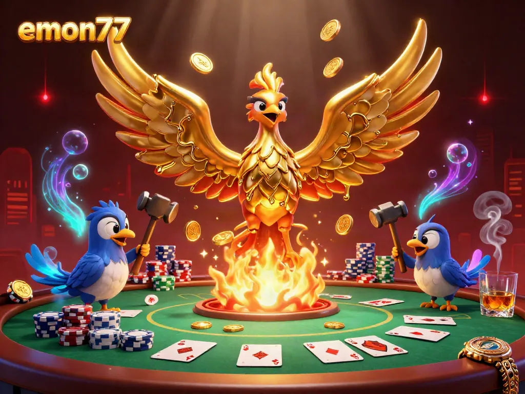 Experience the thrill of emon77 with a stunning illustration of a golden phoenix and poker elements in action.