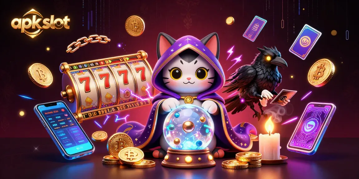 Mengakses apk slot dengan karakter kucing mistik dan elemen slot yang menarik dalam ilustrasi 3D.