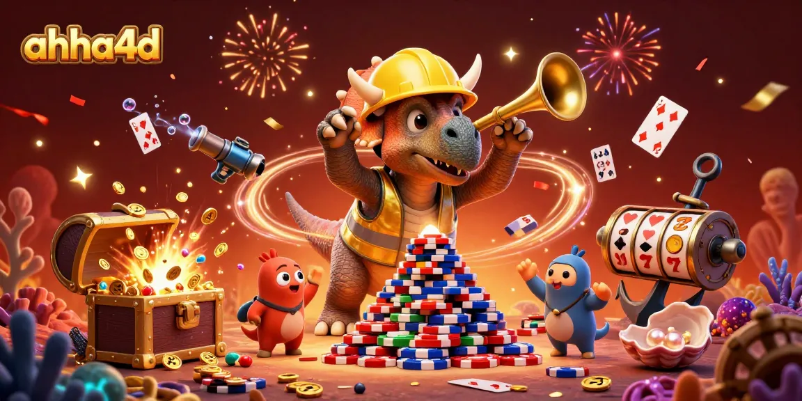 Menciptakan momen kemenangan dengan ahha4d sambil membangun tumpukan chip poker dengan dinosaurus kartun.