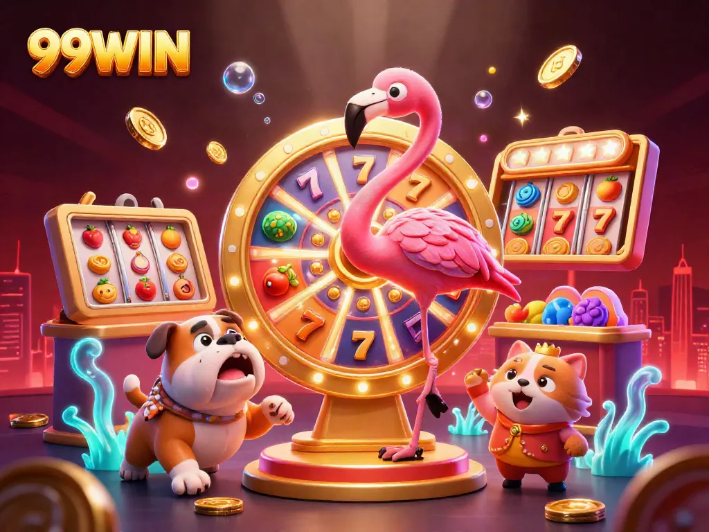 Engaging scene with 99WIN logo featuring bright slot machine elements, excited contestants, and dynamic rewards.