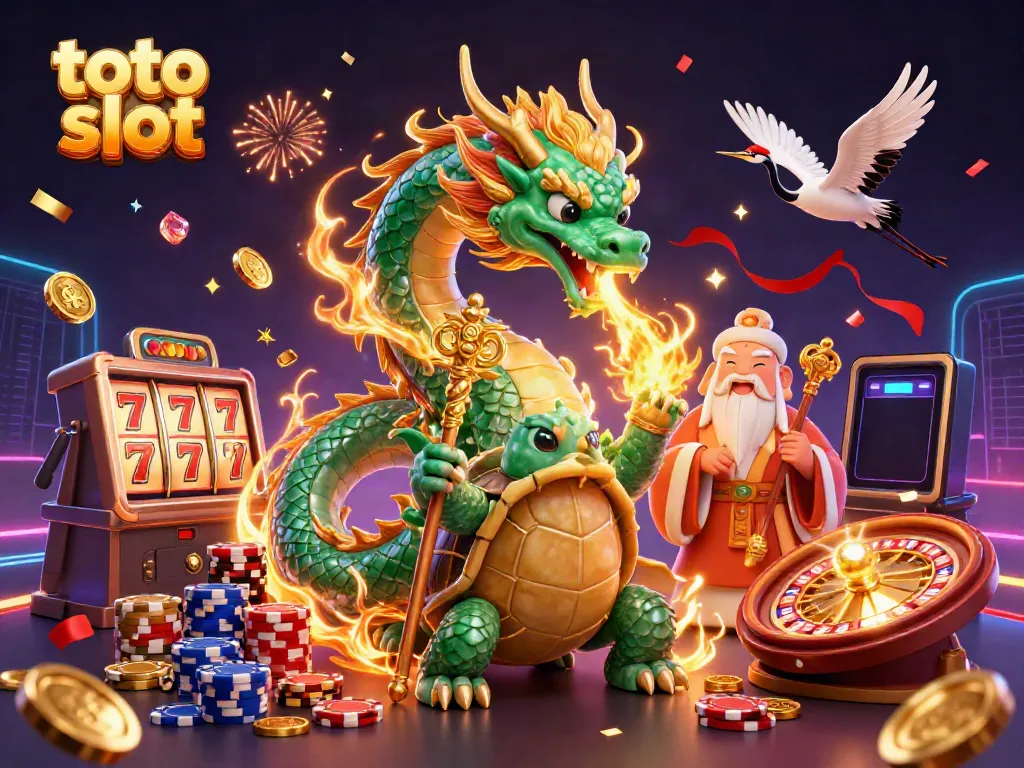 Menangkan jackpot di toto slot dengan gambar naga, kura-kura bijak, dan bangau beruntung.