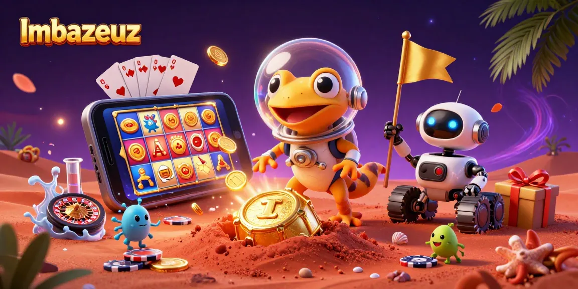 Imbazeuz menampilkan kasino emas di Mars dengan gecko kartun dan elemen permainan slot berwarna-warni