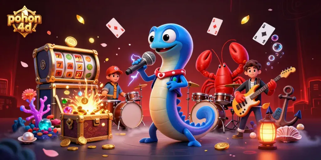 Experience the vibrant underwater casino scene with pohon 4d, featuring a DJ eel and lively characters.