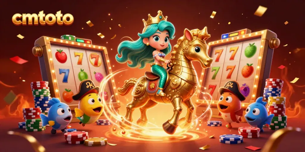 Mengambil jackpot di cmtoto, putri duyung menyelam dengan seahorse berlapis emas, dikelilingi simbol slot penuh warna.