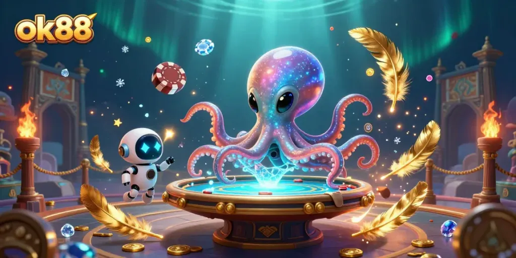 Engage in thrilling games at ok88 with the alien octopus and robot table, featuring advanced betting elements.