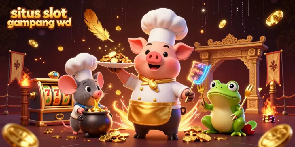 Spin to win at situs slot gampang wd with a pig chef showcasing gold coins in a vibrant casino scene