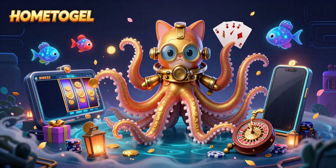 Experience vibrant gaming with HOMETOGEL's colorful slot game surrounded by dazzling casino elements.