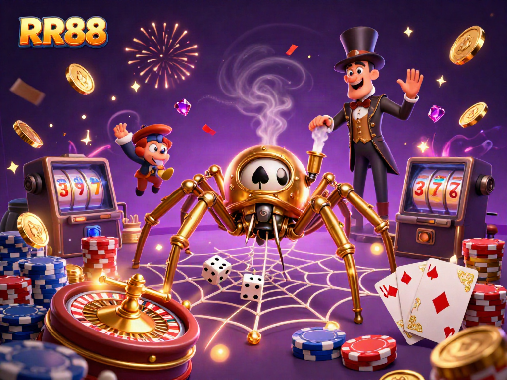 Experience the thrill of RR88 with a vibrant 3D casino scene filled with golden spider, jewels, and poker elements.