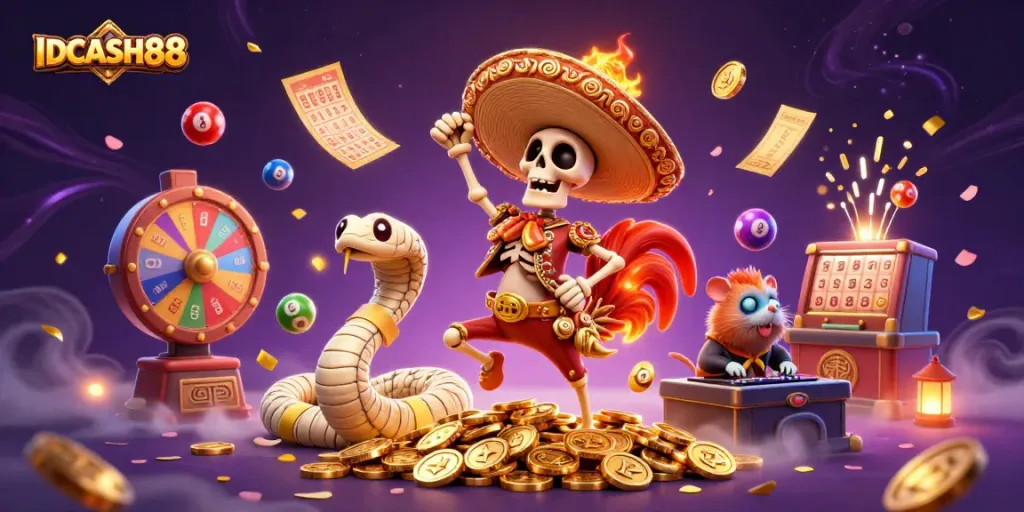 Experience the thrill of winning at IDCASH88 with a lively scene of dynamic lottery elements, showcasing its exciting features.