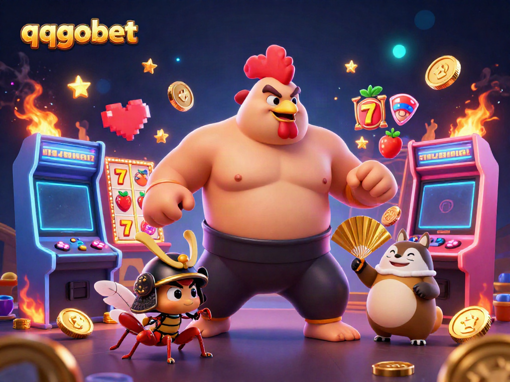 Experience thrilling slot adventures with qqgobet's vibrant characters in a colorful casino atmosphere.