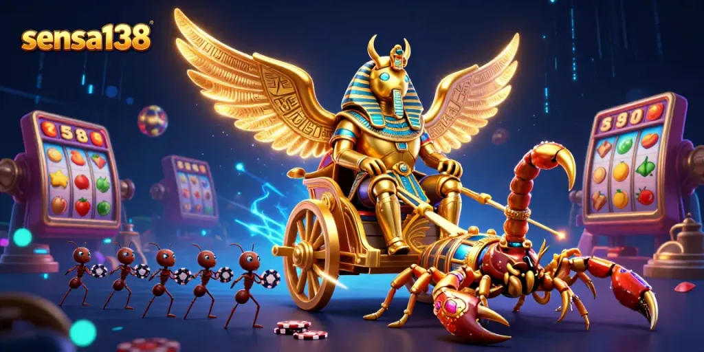 Sensa138 mobilizes casino elements with a giant scarab chariot, showcasing thrilling slot machines.