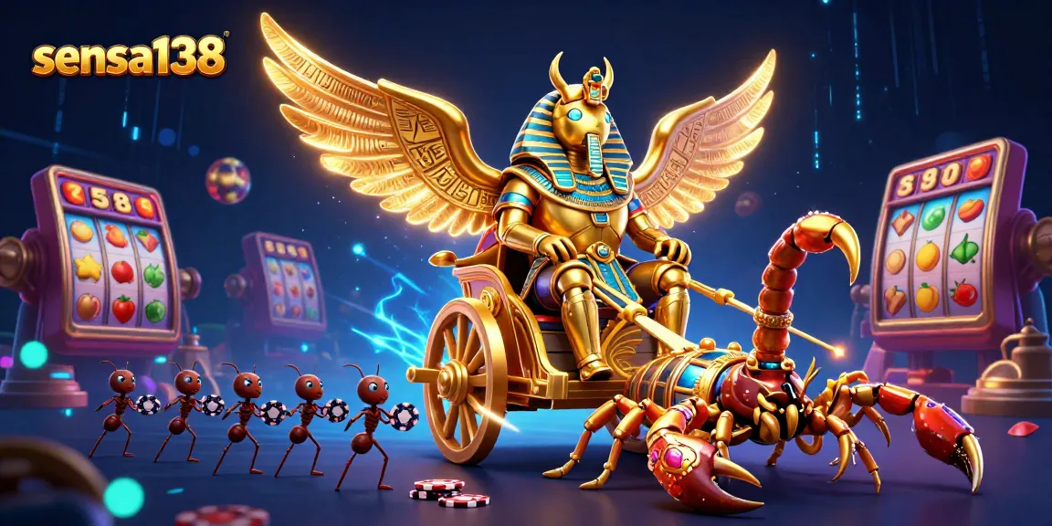 Sensa138 mobilizes casino elements with a giant scarab chariot, showcasing thrilling slot machines.