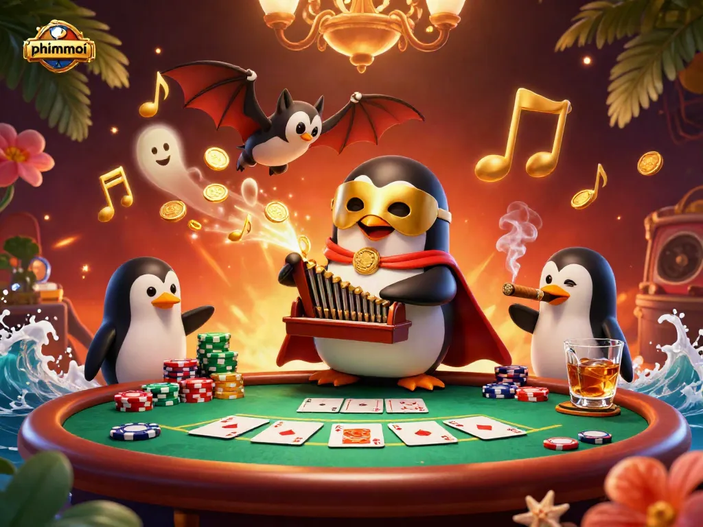 Experience thrilling gaming with phimmoi as a phantom penguin plays casino music and scatters golden coins.
