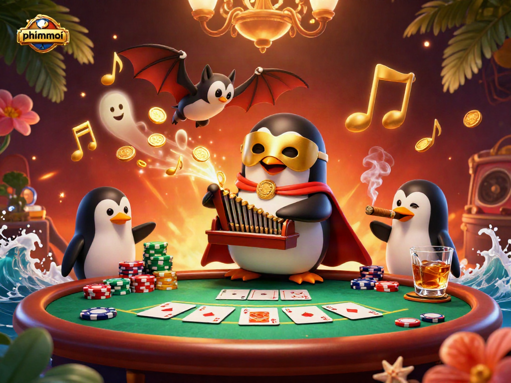 Experience thrilling gaming with phimmoi as a phantom penguin plays casino music and scatters golden coins.