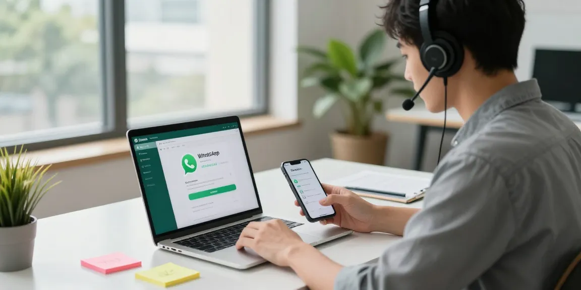 Engaging workspace featuring WhatsApp電腦版 on a laptop with smartphone notifications and a bright office atmosphere.