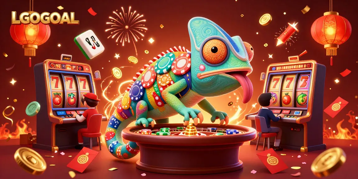 Engage with LGOGOAL's vibrant slots scene featuring a chameleon casino owner amidst spinning reels and festive decorations.