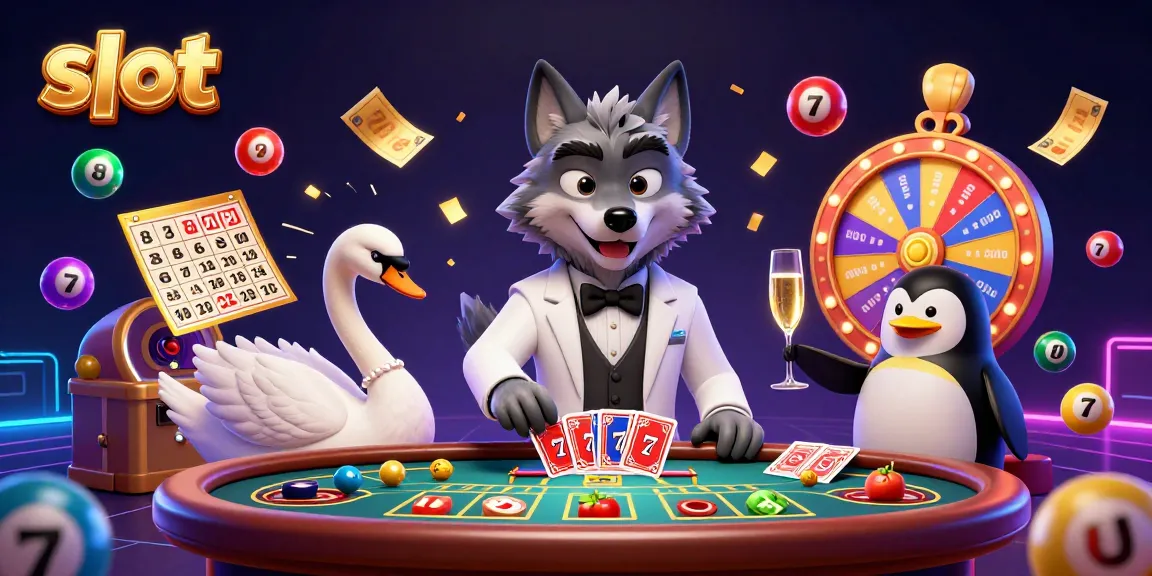 Engaging slot game scene with a debonair wolf and card dealing swan surrounded by dynamic gaming elements.