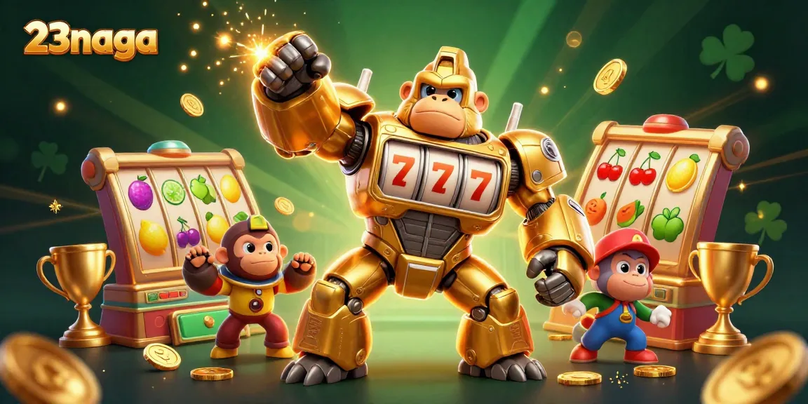 Experience thrilling gameplay with 23naga featuring a golden gorilla mech and vibrant slot symbols.