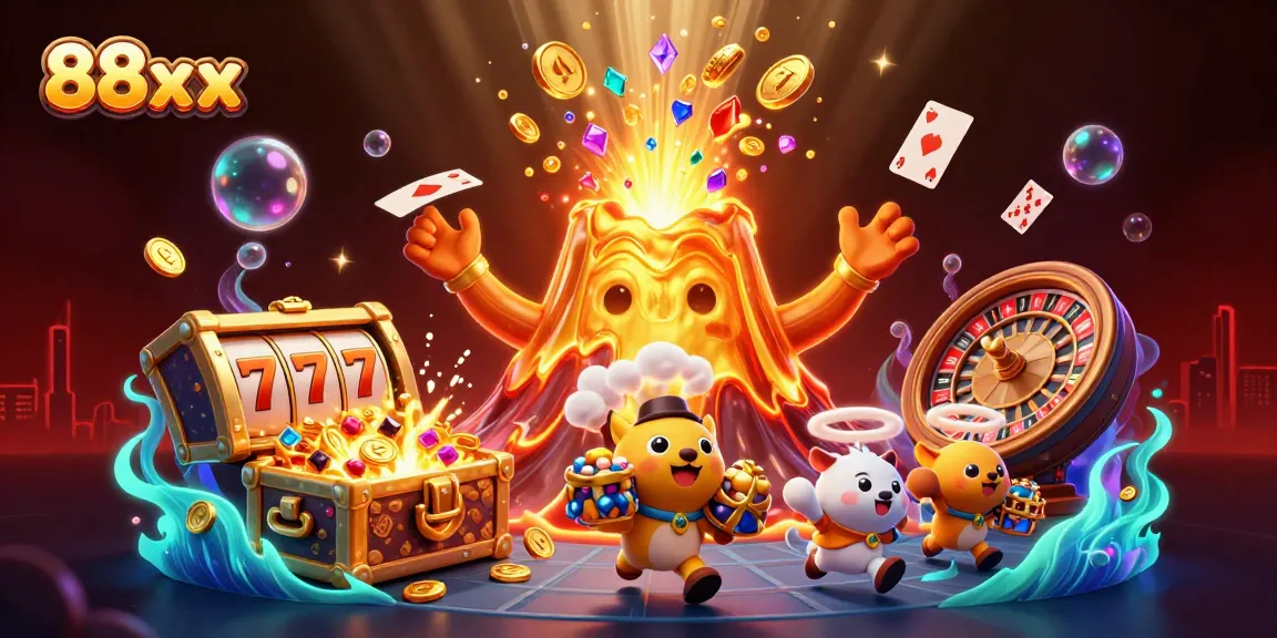 Win big at 88xx as the cartoon volcano erupts with coins and slot reels scatter in vibrant casino action!