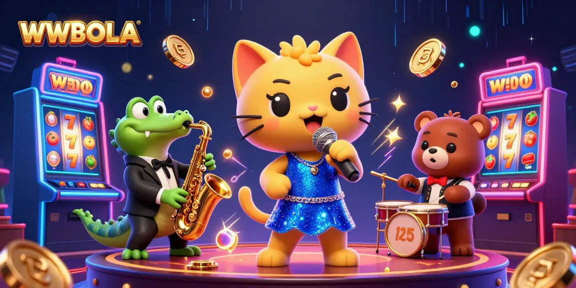 Judul WWBOLA dalam ilustrasi 3D menunjukkan karakter kucing menyanyi di panggung dengan elemen slot dan mesin permainan mengelilinginya.