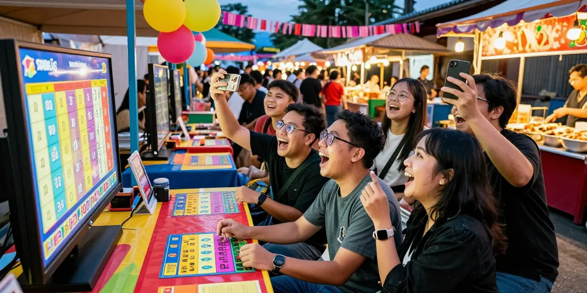 Engaging outdoor toto togel game scene with friends celebrating at a street fair.