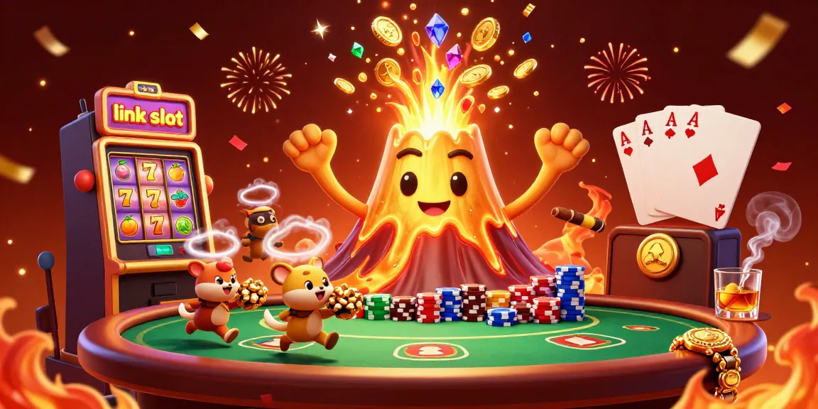 Experience excitement at link slot with a triumphant volcano and treasure-hunting animals in a vibrant casino scene.