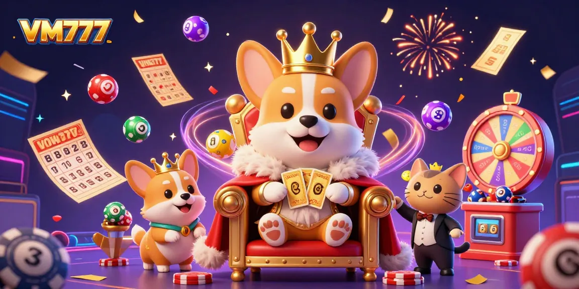 VM777 offers exciting gameplay with a royal corgi on a throne celebrating a vibrant casino atmosphere.