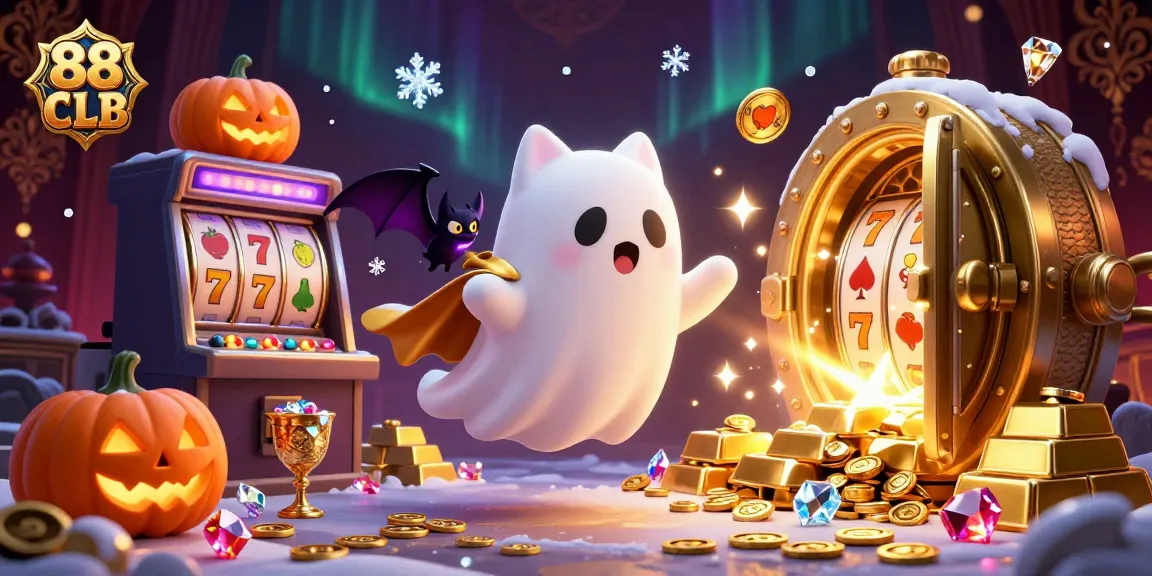 Engage with the lively scene of 88 CLB featuring a ghost cat, bat, and glowing jack-o-lanterns in a haunted casino.