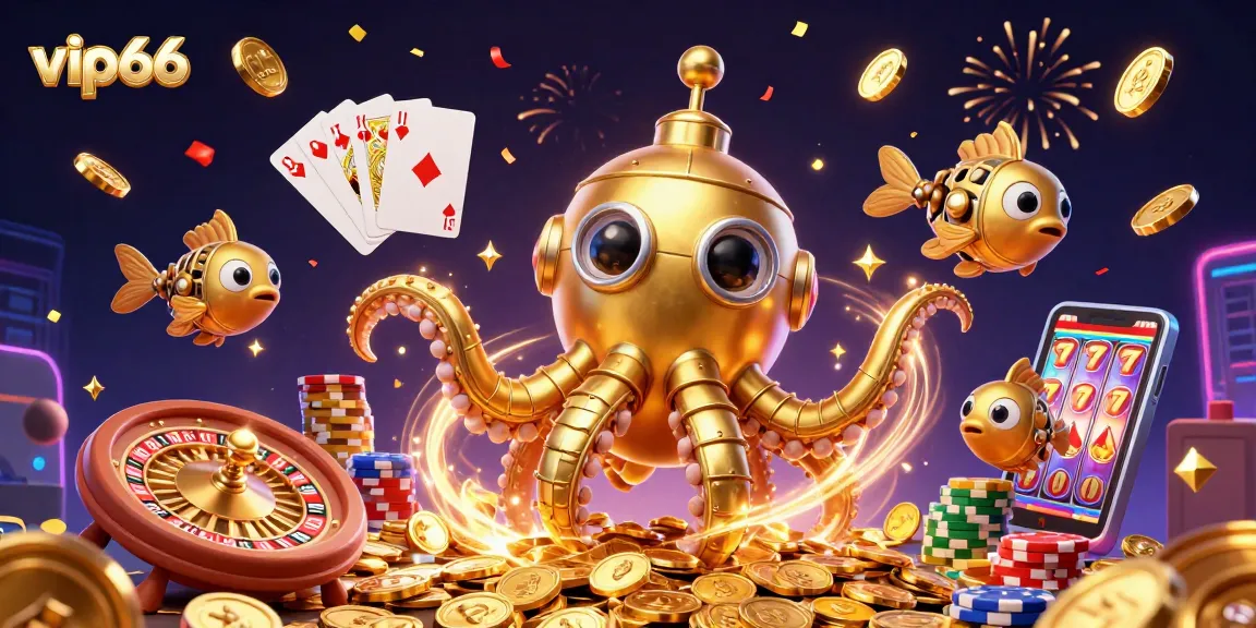 Experience epic gameplay with vip66, featuring a vibrant kraken submarine and casino elements in a stunning 3D scene.