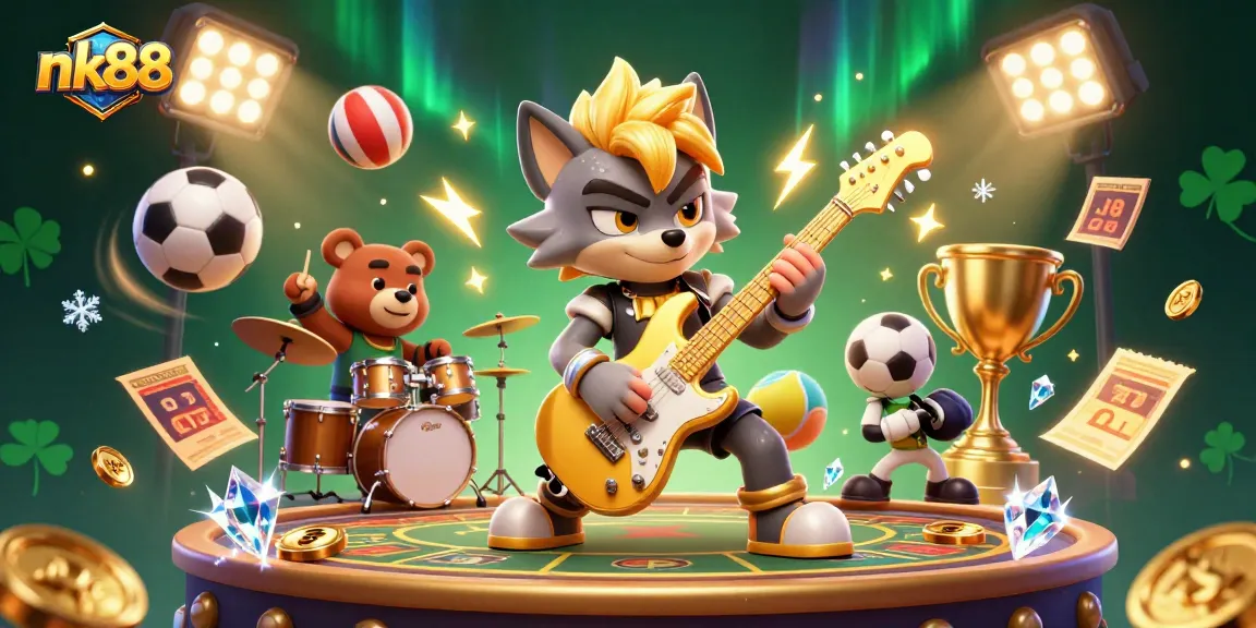 Experience the thrill of nk88 with vibrant gaming action on stage featuring a rock star wolf and exciting sports elements.