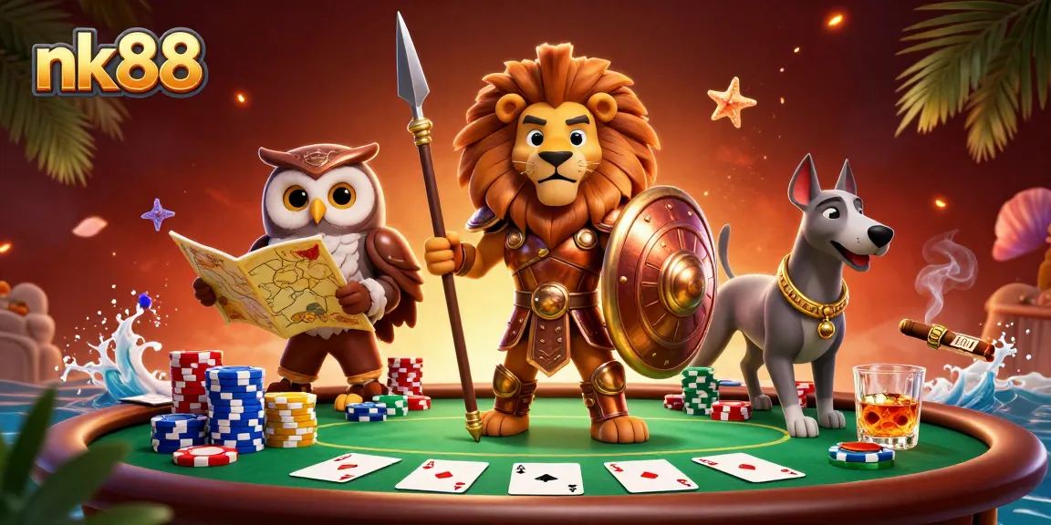 Join the action at nk88 with a poker scene featuring a Spartan lion, owl strategist, and greyhound.