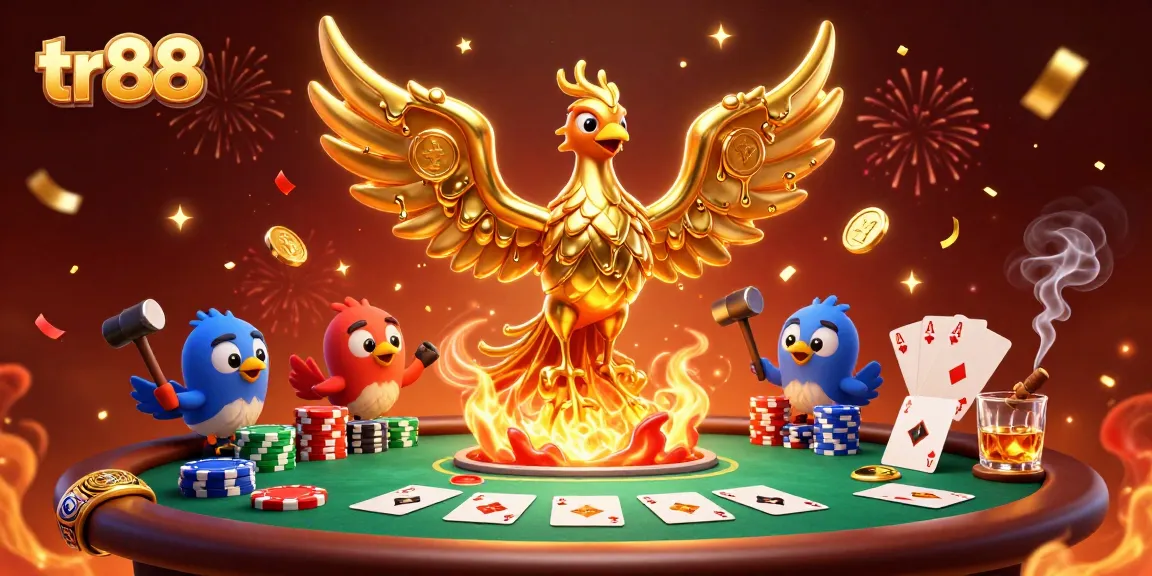Experience the dynamic thrill of tr88 with a golden phoenix and poker elements in this vibrant casino scene.