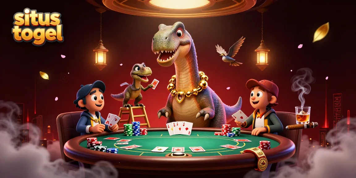 Engage with situs togel as a 3D brontosaurus watches over a vibrant poker game setup.