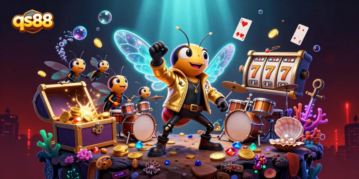 Experience thrilling qs88 casino games with a lively rock star aura in this vibrant illustration.