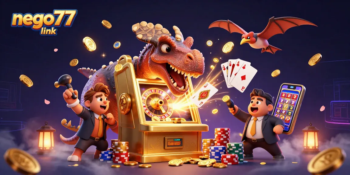 Nego77 link jackpot scene with coins cascading from a golden slot machine, animated dinosaurs in a casino setting.