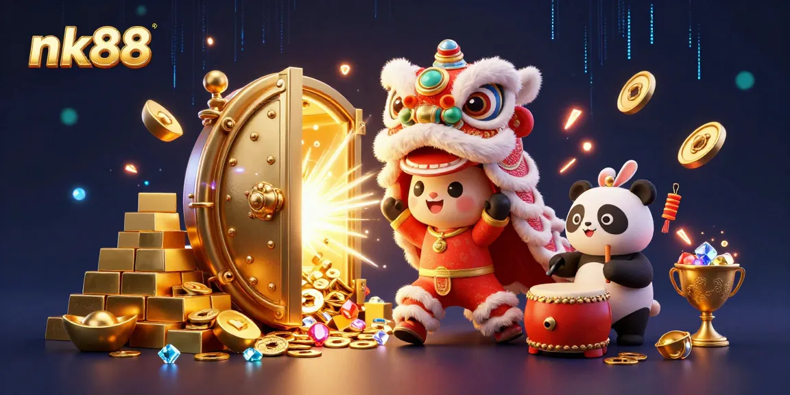 Engage in thrilling experiences with nk88, amidst vibrant casino elements like gold bars and treasures!