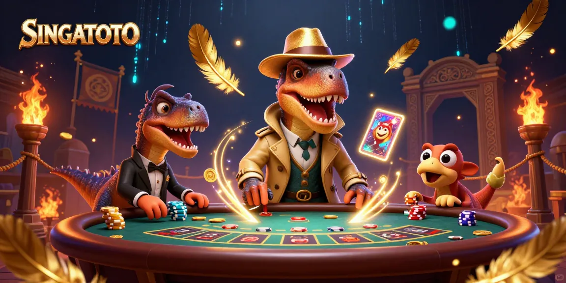 SINGATOTO memimpin permainan blackjack dengan velociraptor kartun sambil dikerumuni pit boss dan pencopet, menambah suasana kasino.