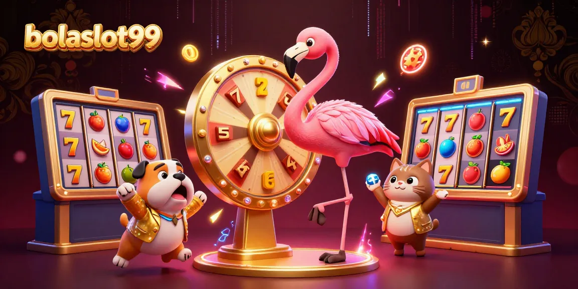 Engage with bolaslot99 as a flamingo host spins the prize wheel, showcasing jackpot excitement.