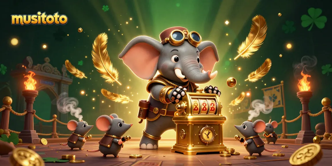MUSITOTO menghadirkan ilustrasi 3D yang menampilkan karakter elefante steampunk yang mengoperasikan mesin slot emas dalam atmosfer kasino yang penuh warna.