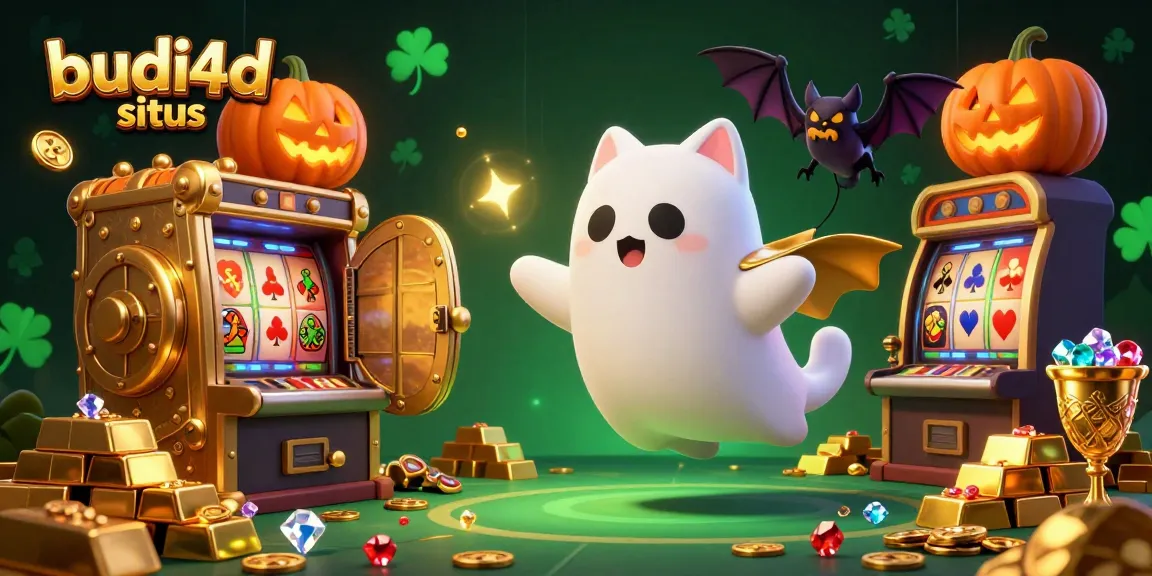 Budi4d situs showcases a vibrant haunted casino scene, featuring a ghost cat and vampire bat among dazzling slot machines and treasures.