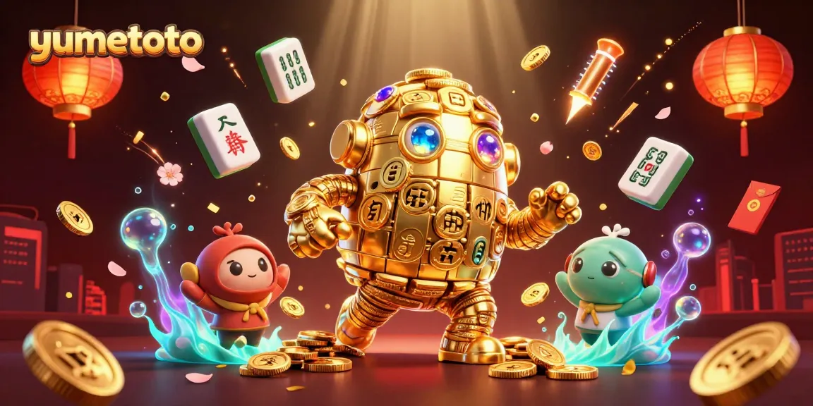 Experience the thrill of yumetoto with an engaging illustration of a golden golem and dynamic casino elements.