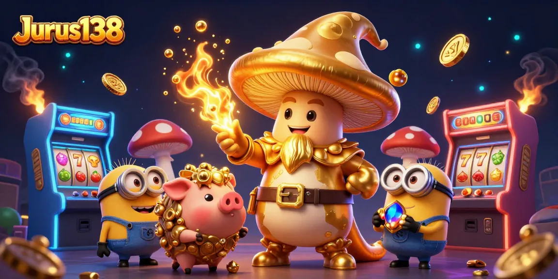 Engage in thrilling slots with Jurus138's vibrant arcade-style casino scene featuring enchanting characters.