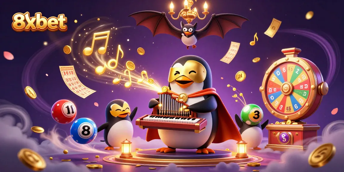 Experience excitement with 8xbet as the penguin organist plays, showering golden coins.