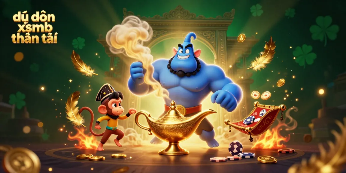 Engaging 3D scene depicting dự đoán xsmb thần tài with a genie, monkey, and flying carpet amidst a backdrop of gold coins and atmospheric effects.